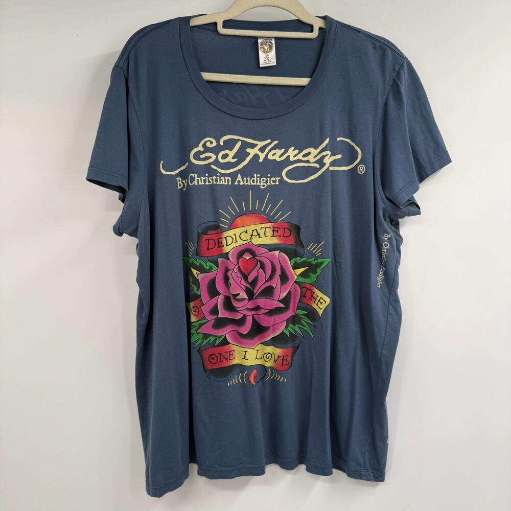 Ed Hardy Rose Tattoo Graphic T-Shirt Womens 2X Blue Cotton Short Sleeve Y2K USA